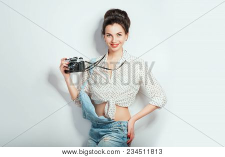 Fashion Look, Pretty Cool Young Woman Model With Retro Camera Wearing In Denim Clothes Posing On Whi