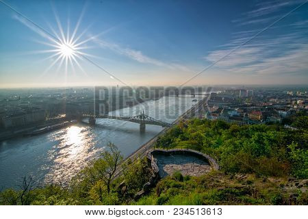 Sunrise Over Danube River And Freedom Bridge - Szabadsag Hid - From Gellert Hill In Budapest, Hungar