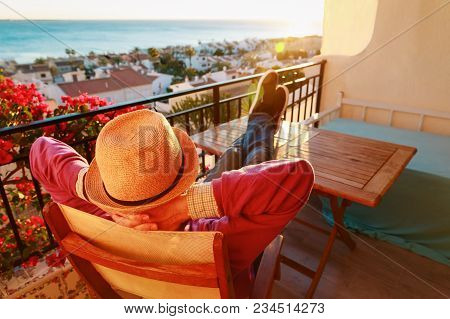 Young Man Relax On Scenic Balcony Terrace, Comfort, Laziness Concept