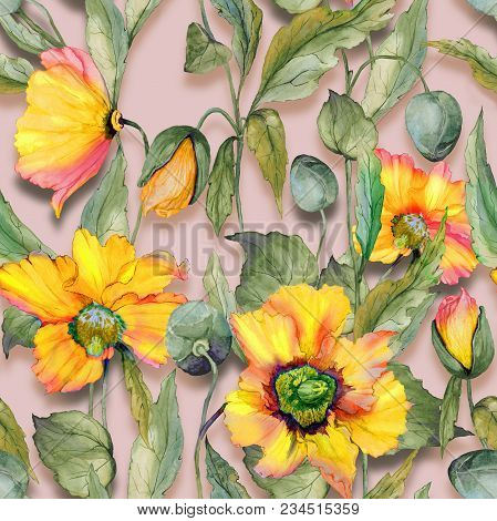 Beautiful Orange Welsh Poppy Flowers With Green Leaves On Beige Background. Seamless Floral Pattern.