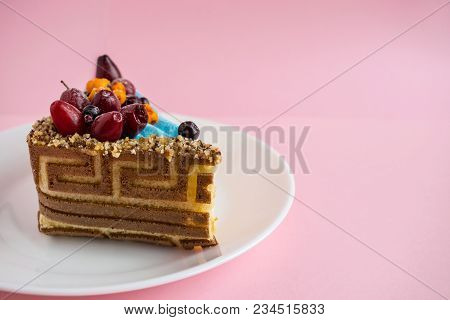 Piece Of Biscuit Patterned Cake With Blue Mastic And Decor Fruits And Berries - Sweet Cherries, Barb
