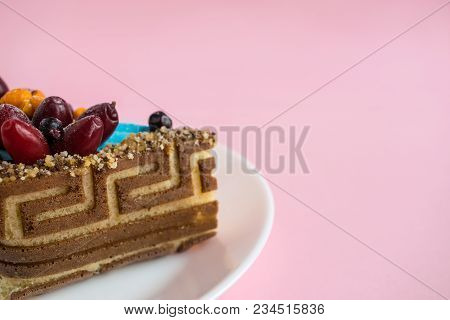 Piece Of Biscuit Patterned Cake With Blue Mastic And Decor Fruits And Berries - Sweet Cherries, Barb