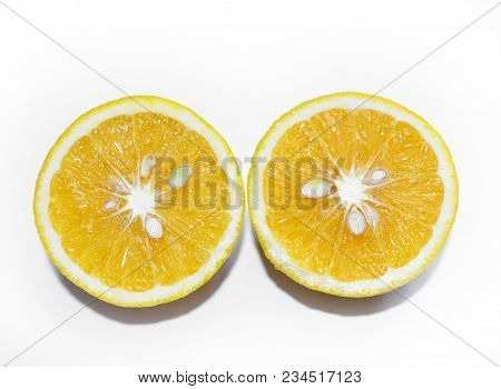 Slice Of Orange Over White Background, Sweet Lemon Isolated On White Background