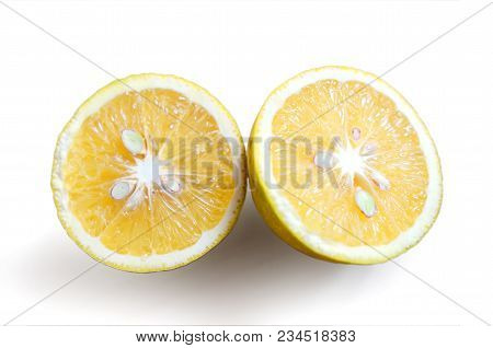 Slice Of Orange Over White Background, Sweet Lemon Isolated On White Background
