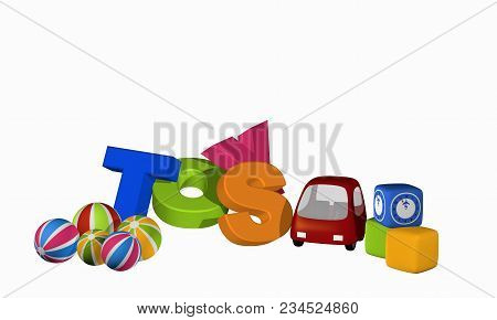 Toys As A Heap With Toy Car, Dice And Balls. 3d Rendering