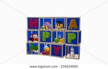 Dice Box Made Of Dice With Toys And The Word Happy. 3d Rendering