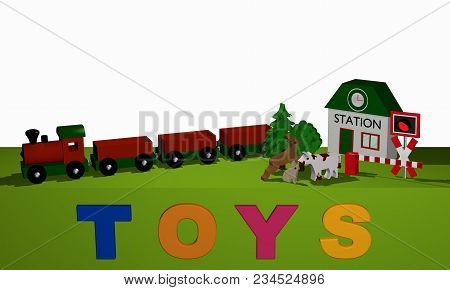 Wooden Toys For A Railway On A Green Table And The Text Toys. 3d Rendering