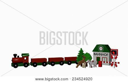 Wooden Toys For A Railroad With Text Station In German. 3d Rendering