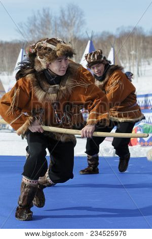 Petropavlovsk City, Kamchatka Peninsula, Russia - Mar 1, 2018: Incendiary Dance Of Indigenous Inhabi
