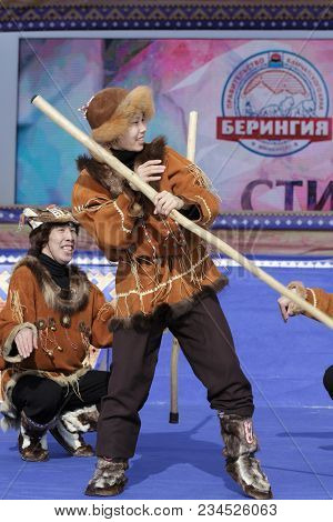 Petropavlovsk City, Kamchatka Peninsula, Russia - Mar 1, 2018: Incendiary Dance Of Indigenous Inhabi