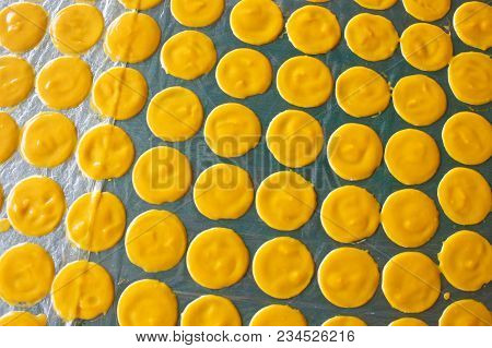 Dried Mango Sheet On Stanless Table, Thai Sweet Dessert.