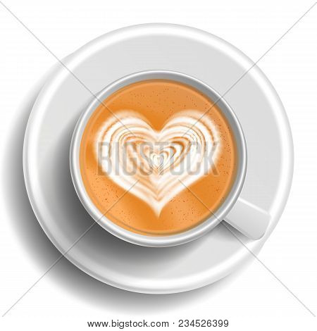 Coffee Art Vector. Top View. Hot Cappuccino Coffee Cup. Espresso. Fast Food Cup. White Mug. Isolated