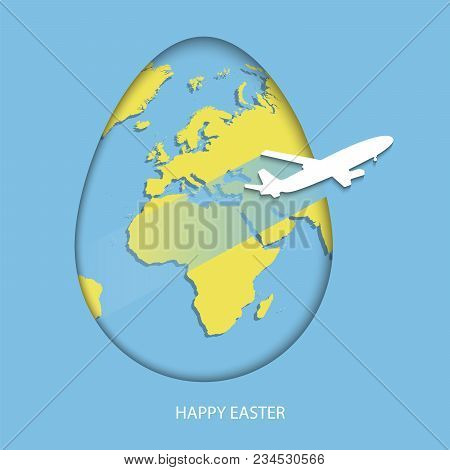 Easter Egg With Yellow World Map. Planet Earth In Form Of Egg On Bright Purple Background With Flyin