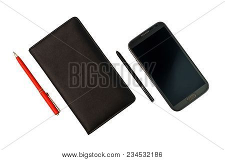 A Smartphone With A Stylus Pen And A Black Notebook With Red Pen On White Background