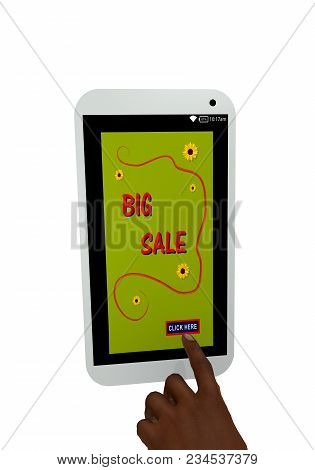 Mobile Phone With Big Sale Advertisement And A Finger Pressing On A Button. 3d Rendering