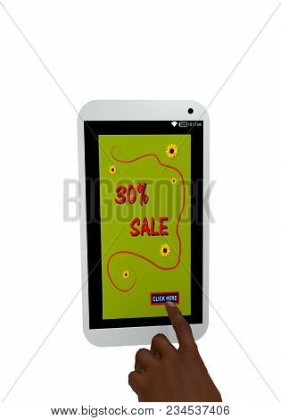 Mobile Phone With Advertisement 30% Sale And A Finger Pressing On A Button. 3d Rendering