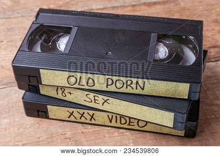 Old Videocassettes Vhs With Pornographic Films. Xxx Movies For Adults