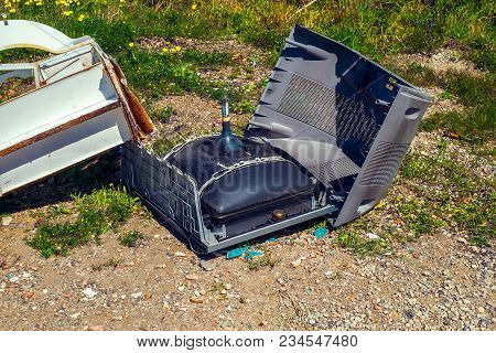 Old Broken Crt Tv Thrown In Nature