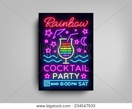 Cocktail Party Poster Vector Template. Rainbow Cocktail Party, Poster Neon, Neon Sign, Light Banner,