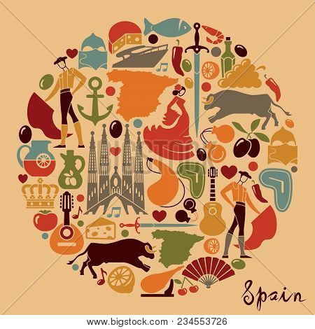 Traditional Symbols Of Spain In Form Circle