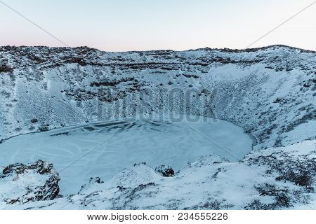 Beautiful Scenic Landscape With Majestic Volcanic Lake Kerid In Snow, Iceland