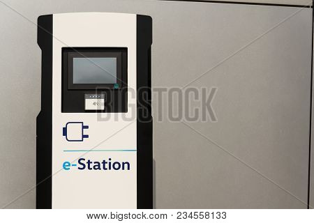 Dresden, Germany - April 2 2018: Electric Car Charging Station In Front Of The Volkswagen Glaserne M