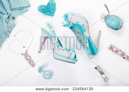 Summer Street Hipster Style. Fashion Girl Clothes Accessories White Background.t Rendy Blue Summer D