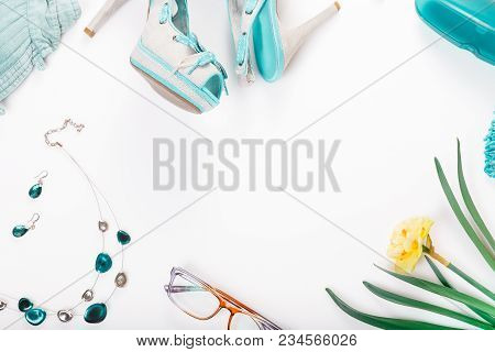 Summer Street Hipster Style. Fashion Girl Clothes Accessories White Background.t Rendy Blue Summer D