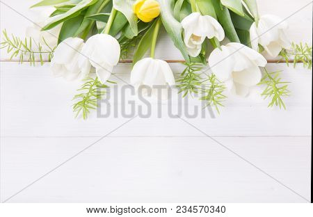 Flowers Composition. Frame Made Of White Flowers On White Background. Valentine's Day. Flat Lay, Top