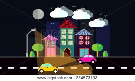 A Night City, A Small Town In Flat Style With Houses With A Sloping Tile Roof, Cars With Lights, Tre
