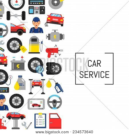 Vector Background With Flat Style Car Service Elements And Place For Text. Banner Car Service Concep