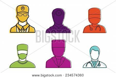 Doctor Avatar Icon Set. Color Outline Set Of Doctor Avatar Vector Icons For Web Design Isolated On W