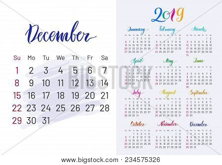 Colorful Planner, 2019, December Separately, White-blue Background, Lettering, Artboard. Stylish Ann