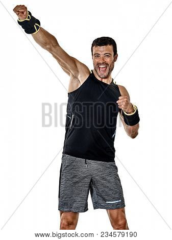 one caucasian fitness man exercising cardio boxing exercises in studio isolated on white background