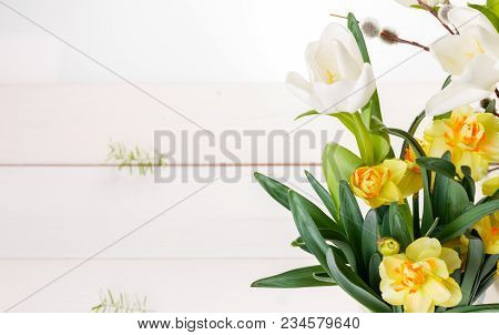 Flowers Composition. Frame Made Of White Flowers On White Background. Valentine's Day. Flat Lay, Top