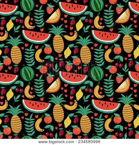Seamless Pattern Of Fruits, Watermelon, Melon, Strawberry, Cherry, Plum, Kiwi.