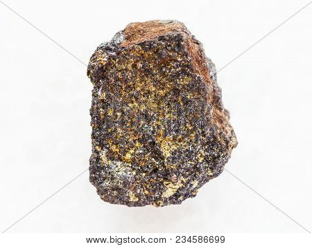 Macro Shooting Of Natural Mineral Rock Specimen - Rough Magnetite (iron Ore) Stone On White Marble B