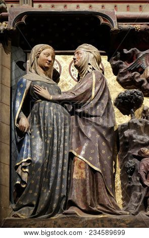 PARIS, FRANCE - JANUARY 04: Intricately carved and painted frieze inside Notre Dame Cathedral depicting Visitation of the Virgin Mary, UNESCO World Heritage Site in Paris, France on January 04, 2018.
