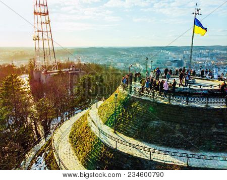 Tourists On Top Of Hill. High Castle In Lviv. Birds Eye View