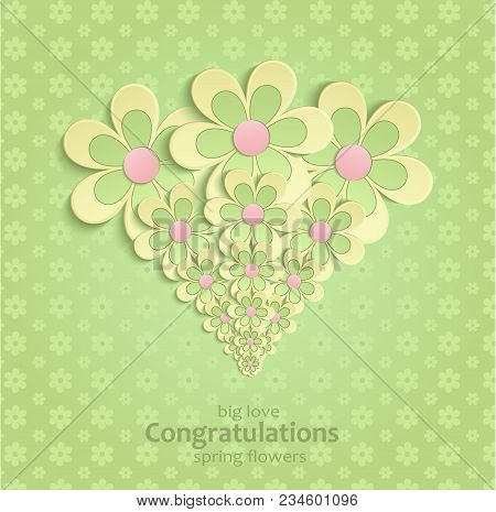 Flowers Congratulations Greeting Card Spring Green Yellow Pink Vector