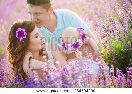 Mom, Dad And Their Little Daughter In A Beautiful Wreath Are Walking In A Lavender Field. Life In Pr