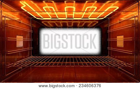 A Cross Section Upclose View From Inside An Empty Hot Operational Household Oven Looking Towards The