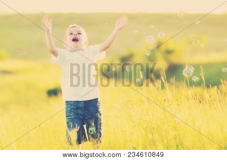happy young beautiful child have fun on eadow with soap bubbles toy