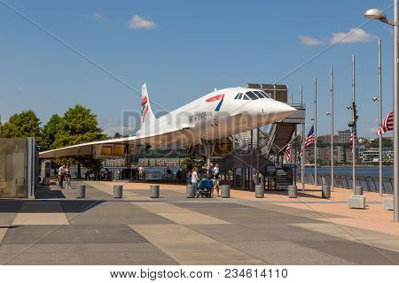 New York, Nyc, Usa- August 30, 2017: Concorde On The Deck Of The Uss Intrepid Sea, Air And Space Mus