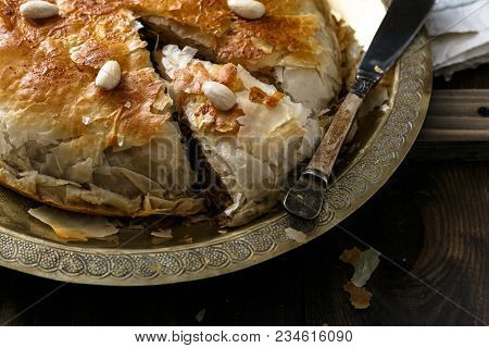 Crusty Pie With Chicken, Close View, Arabian Style.