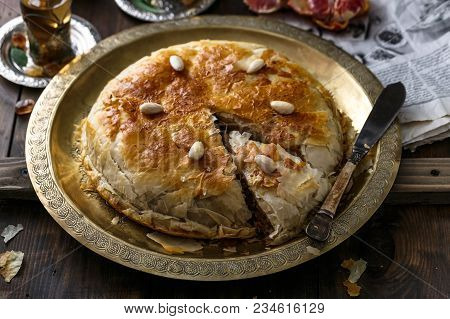 Crusty Pie With Chicken, Close View, Arabian Style.