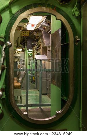 New York, Nyc, Usa- August 30, 2017: Interiors Of The Uss Growler Ssg-57. Exhibit Intrepid Sea, Air 