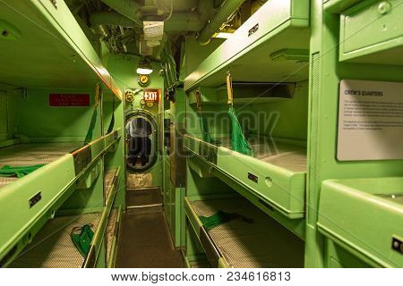 New York, Nyc, Usa- August 30, 2017: Interiors Of The Uss Growler Ssg-57. Exhibit Intrepid Sea, Air 
