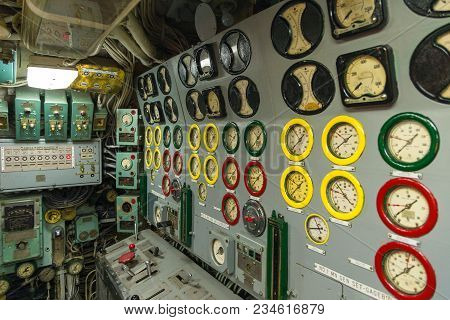 New York, Nyc, Usa- August 30, 2017: Interiors Of The Uss Growler Ssg-57. Exhibit Intrepid Sea, Air 