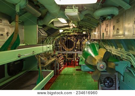 New York, Nyc, Usa- August 30, 2017: Interiors Of The Uss Growler Ssg-57. Exhibit Intrepid Sea, Air 
